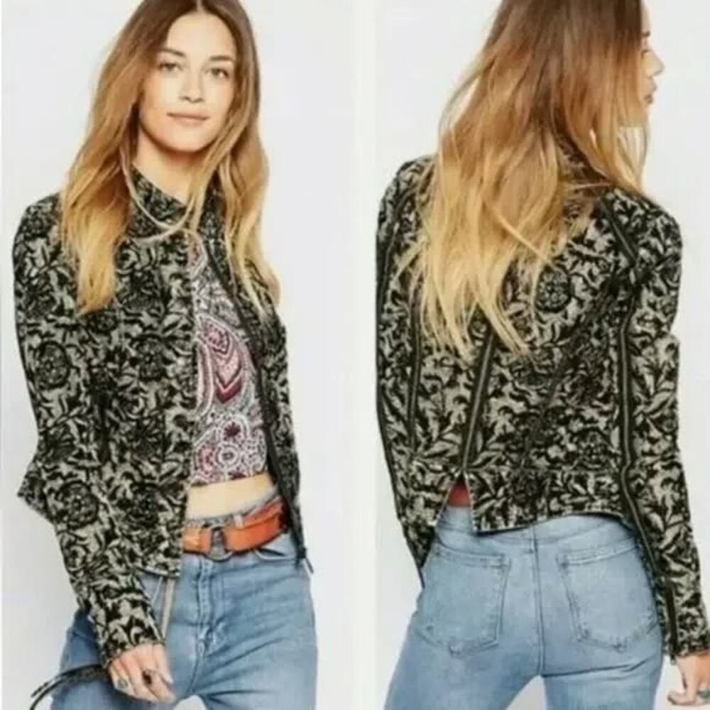 Free People Follow The Flock Floral Jacquard Printed Cotton Blend Moto Jacket